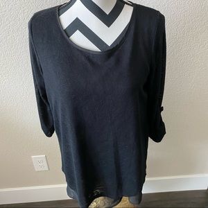 Olivia Moon || marled knit black crew neck top with ruched cropped sleeves